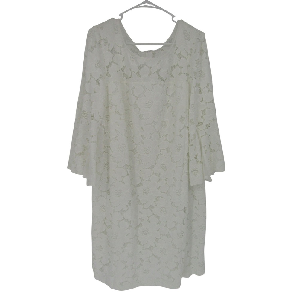 White Lace Shift Dress XL Bell Sleeve Floral Cottage Bridal Romantic Feminine